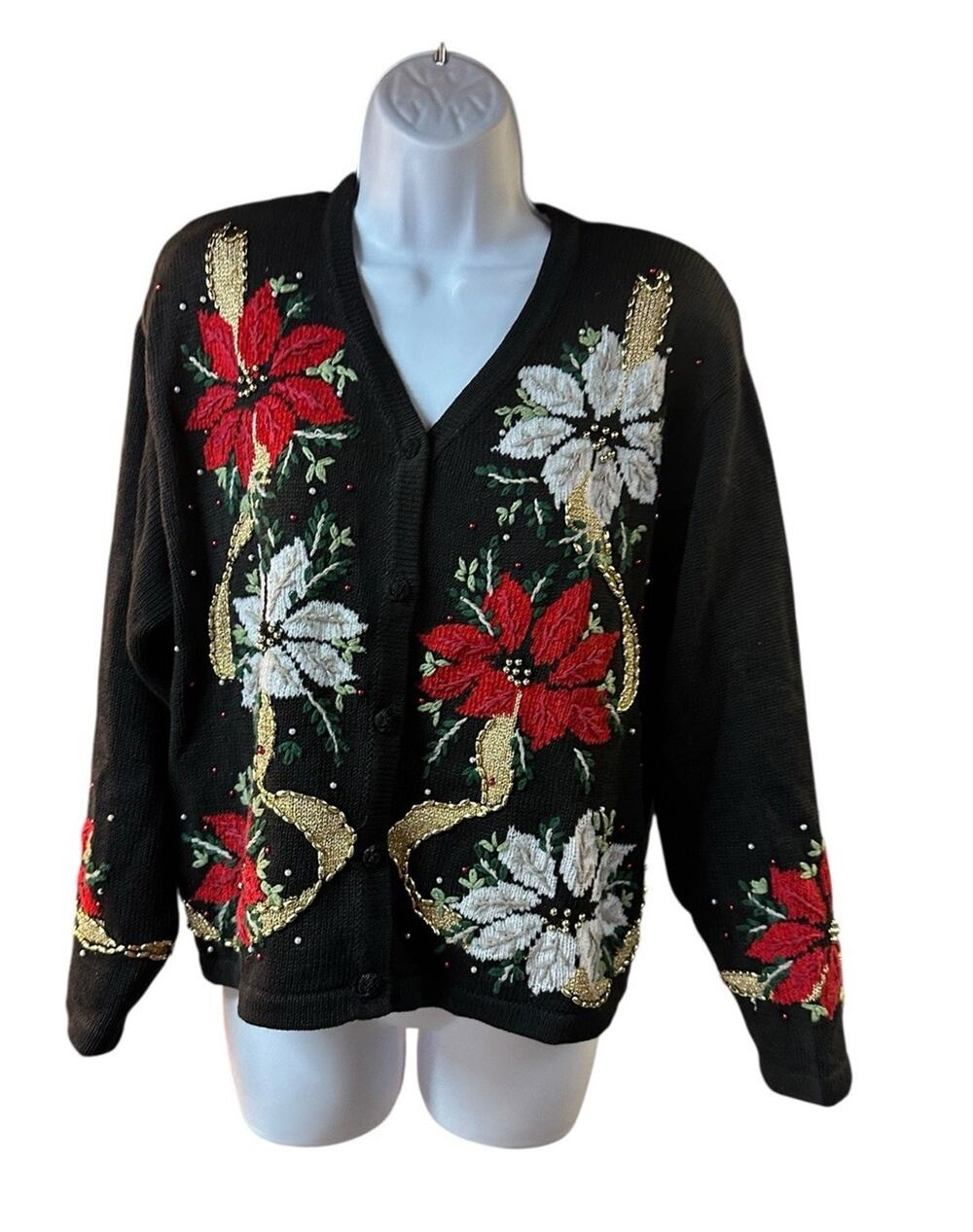 Vintage Design Options Black Poinsettia Beaded Christmas Cardigan Sweater Large